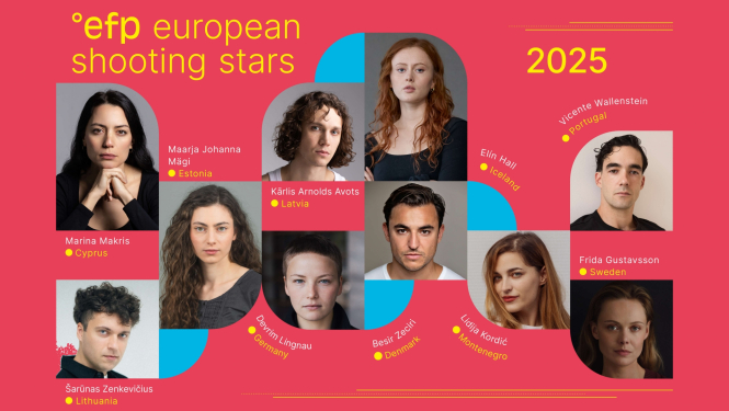 Attēls ar 9 aktieru portretiem un uzrakstu: efp european shooting stars 2025