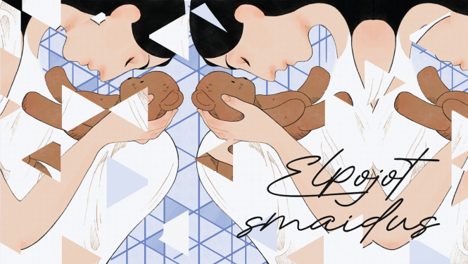 Izrādes vizuālais materiāls - sievietes tēls ar mīksto rotaļlietu - lācīti