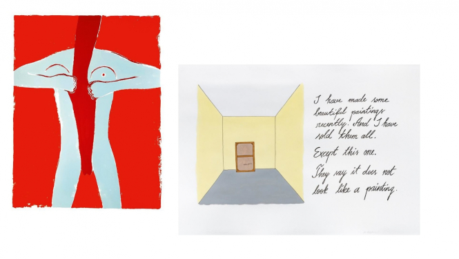 Helēna Heinrihsone “Viena” 2022, papīrs, sietspiede; Marko Mäetamm “Viņi saka. Nr.1”, 2021, papīrs, akrils.