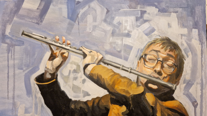 Glezna ar mūziķi, kurš spēlē flautu