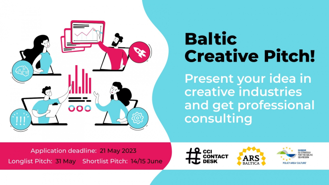 Uzsaukums ar grafiskiem zīmējumiem, teksts "Baltic Creative Pitch"