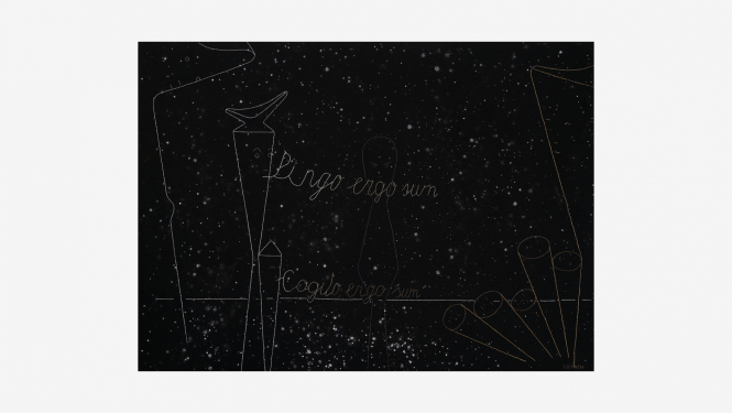 Ieva Iltnere, Pingo,ergo sum. Pēc 2002. gada gleznas motīviem. 2022, lins, kokvilnas diegs, auduma krāsa, 130x180 cm.