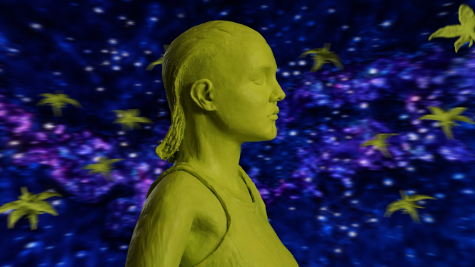 Animācijas kadrs. Sievietes tēls uz zvaigžņotas debess fona.