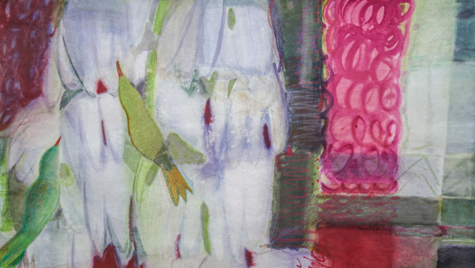 Stilizēts putns uz gaišu krāsu laukuma fona