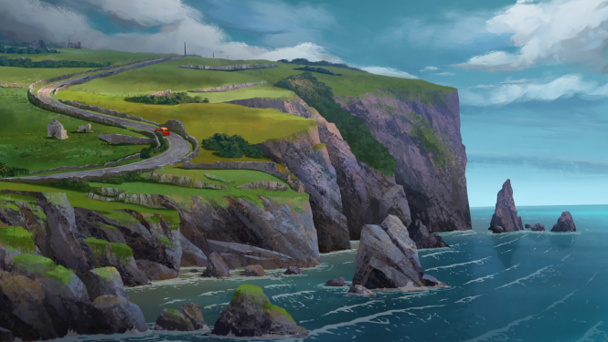 Animācijas filmas kadrs, ainava ar jūras krastu