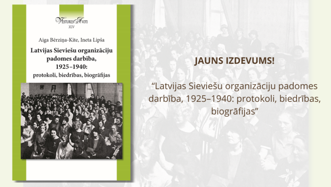 Latvijas Nacionālā arhīva izdevuma “Latvijas Sieviešu organizāciju padomes darbība, 1925–1940: protokoli, biedrības, biogrāfijas” vāka attēls aicinājums uz grāmatas atvēršanas pasākumu