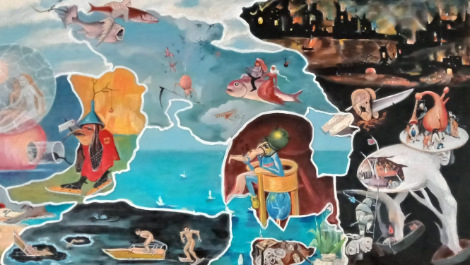 Gleznas fragments no Signes Zuševicas gleznu izstādes “Viduslaiku mistērijas Hieronīma Bosa pēdās”