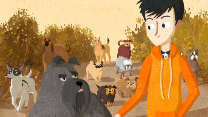 Animācijas kadrs, zēns un suņi