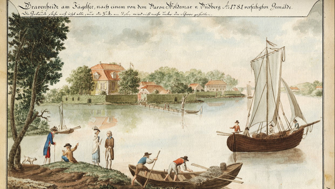 Ilustrācija: J. K. Broces akvarelis pēc V. D. fon Budberga gleznas no LU Akadēmiskās bibliotēkas krājuma, ap 1797, Brotze: Monumente, Bd. VII, 112. LUA