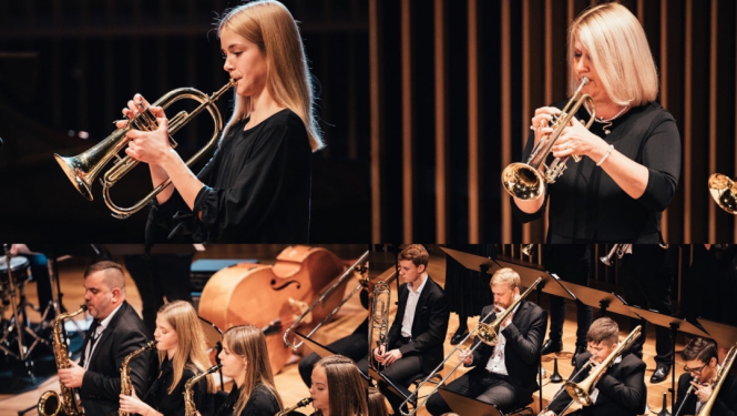 Mūziķi spēlē pūšamos instrumentus