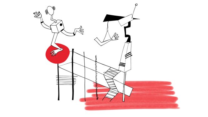 Abstrakta ilustrācija ar ķermeņiem, līnijām un krāsu laukumiem