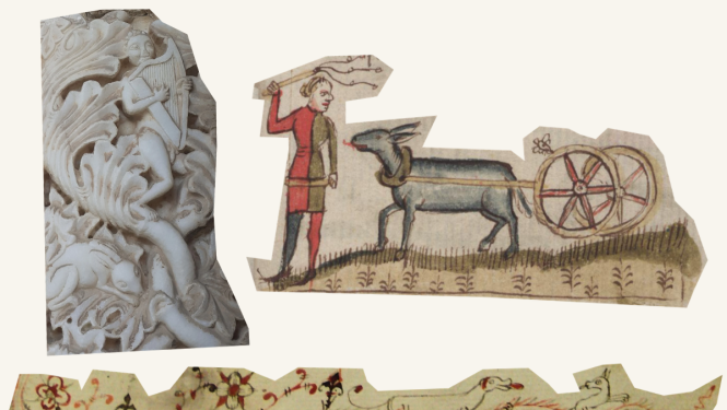 Kolāža: Liras spēlmanis un zaķis, vīrs un ēzelis, suns dzen suni