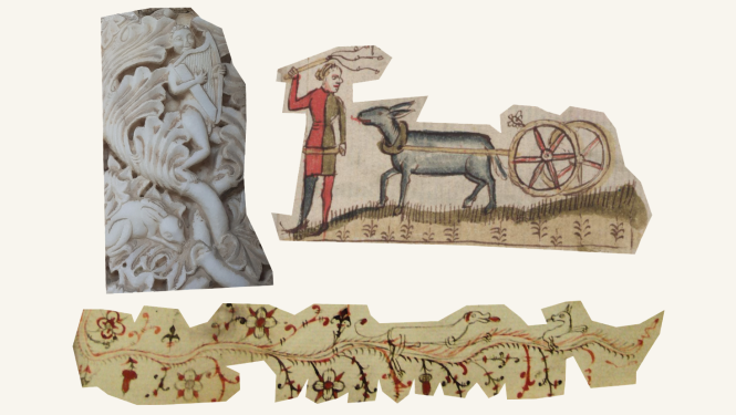 Kolāža: Liras spēlmanis un zaķis, vīrs un ēzelis, suns dzen suni