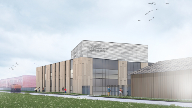 Latvijas Nacionālās operas un baleta skatuves mākslu dekorāciju darbnīcu un mēģinājuma zāļu kompleksa (Lubānas ielā 80, Rīgā) vizualizācija