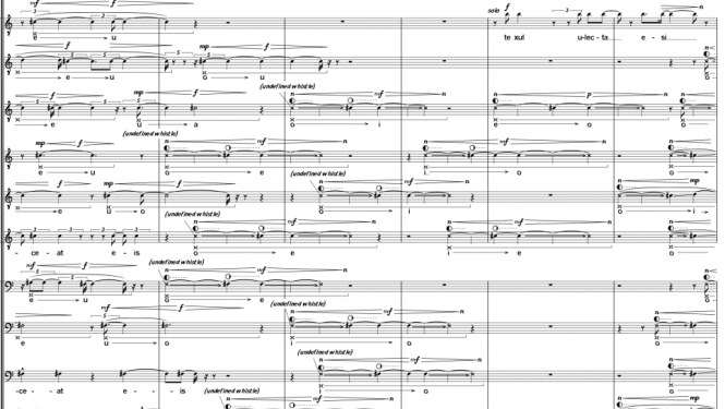 Notis no sarežģīta skaņdarba — blīvi nošu raksti vairākām balsīm