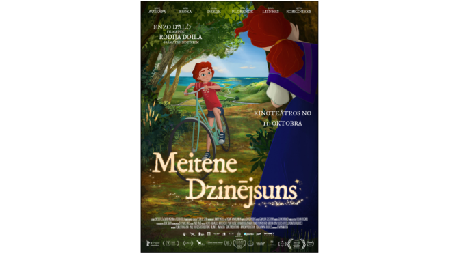 Afiša ar zīmētu meitenes attēlu un tekstu: Meitene Dzinējsuns