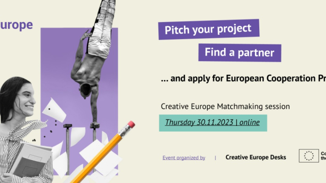 Radošās Eiropas Eiropas Sadarbības Projektu uzsaukuma partneru meklēšanas sesija - vizuālais materiāls. Teksts uz vizuālā materiāla: Iepazīstini ar savu projektu, atrodi partneri vai kļūsti par partneri! Pasākums norisināsies 30. novembrī no plkst. 12.00 līdz 14.00 pēc Latvijas laika 