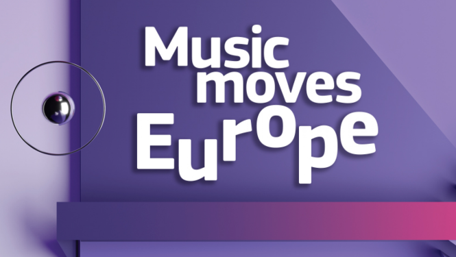 Vizuālais materiāls violetā krāsā, kur ir uzrakstīts "music moves europe" 