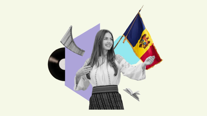 Vizuālais materiāls, kura centrā ir attēlota sieviete ar gariem matiem tradicionālajos Moldovas blūzē un svārkos. Aiz viņas var redzēt Moldovas karogu un kolāžas elementus - grāmatu, vinila plati, cimboli.