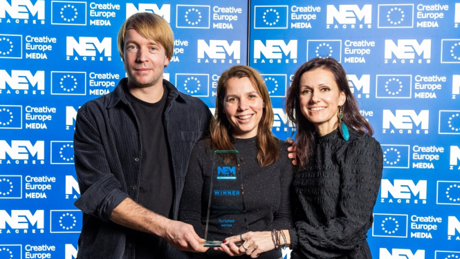 Režisors Staņislavs Tokalovs, producente Aija Bērziņa un scenāriste Teodora Markova Zagrebā pasākumā New Europe Market (NEM Zagreb).