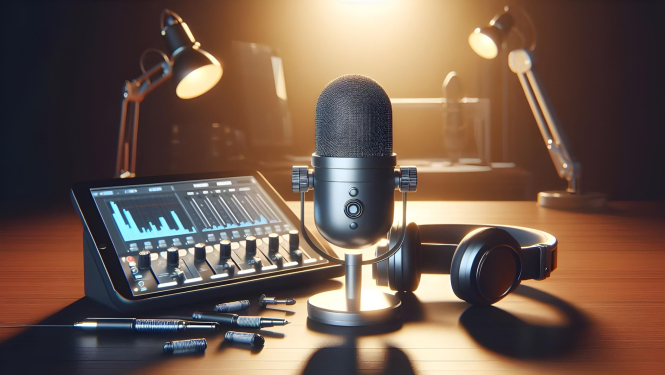 Skaņu pults, lampa, mikrofons un austiņas uz darbagalda