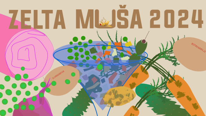 Alternatīvās teātra gada balvas “Zelta muša” publicitātes attēls, zīmēta bilde ar uzrakstu "Zelta muša 2024"