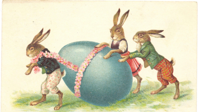 Senlaicīga Lieldienu atklātnīte, zaķi un ola