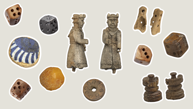 Izstādes “Spēles lieliem un maziem. Spēļu un rotaļu piederumu arheoloģiskie atradumi senajā Rīgā. 13.–18. gs.” eksponātu kompozīcija.