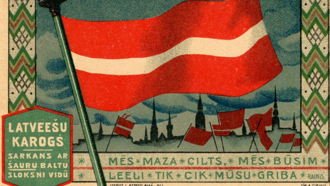 Pastkarte “Latviešu karogs”. Anša Cīruļa zīmējums. Izdevis Jānis Rieksts 1918. gadā. Rīgas vēstures un kuģniecības muzeja krājums.