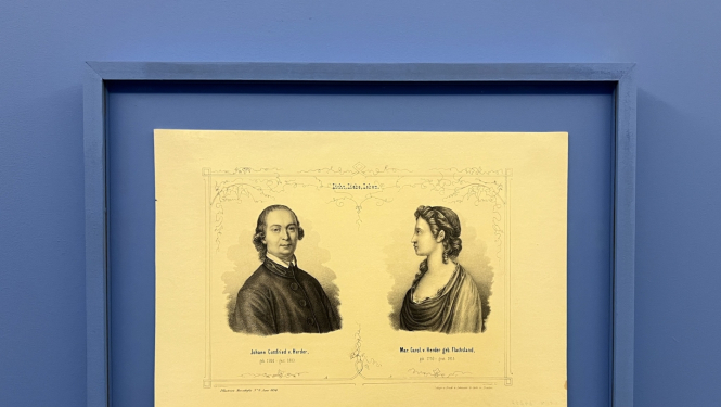 Izstādes “Saderīgi pāri” ekspozīcijas fragments. Johana Gotfrīda Herdera (1744–1803) un Marijas Karolīnes Herderes (1750-1815) portreti. Foto: Marta Laima Gredzena (RVKM).