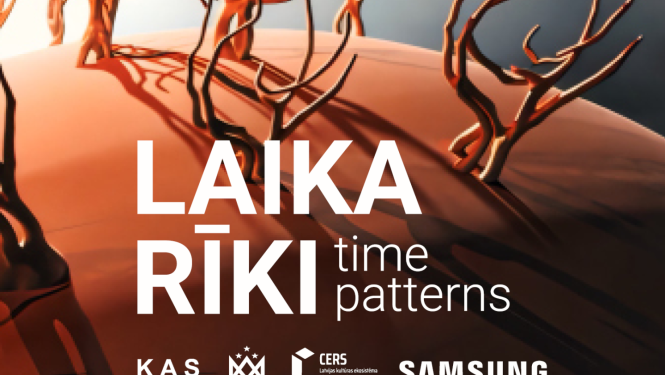 Izstādes afiša ar animācijas darba fragmentu un tekstu “Laika rīki”