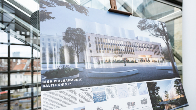 Rīgas Filharmonijas (Nacionālās koncertzāles) nākotnes vizualizācija uz planšetes mediju pasākumā, foto: Oskars Artūrs Upenieks