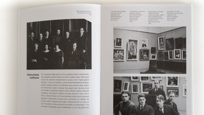 Grāmatas “Rīgas mākslinieku grupa – 100” atvērums. Dizains: Anta Pence. 2021. Foto: Undīne Perse-Vilerte.