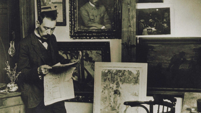 J. Rozentāls savā darbnīcā Rīgā, Alberta ielā 12-9. 1910, foto: Jānis Rieksts.