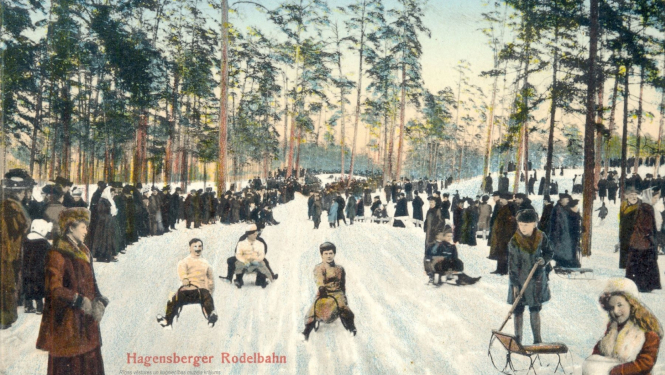 Pastkarte “Kamaniņu trase Āgenskalnā”, 20. gadsimta sākums. Rīgas vēstures un kuģniecības muzeja krājums.