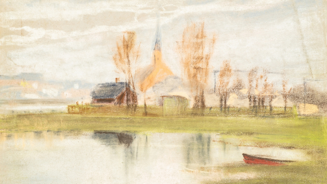 Sarkandaugavas ainava ar Svētās Trīsvienības baznīcu. Miervaldis Ķemers. LNVM krājums