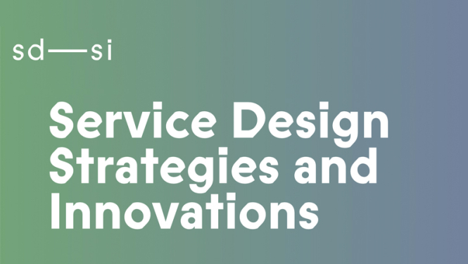 Uzraksts "Service Design Strategies and Innovations" uz zaļa un zila fona