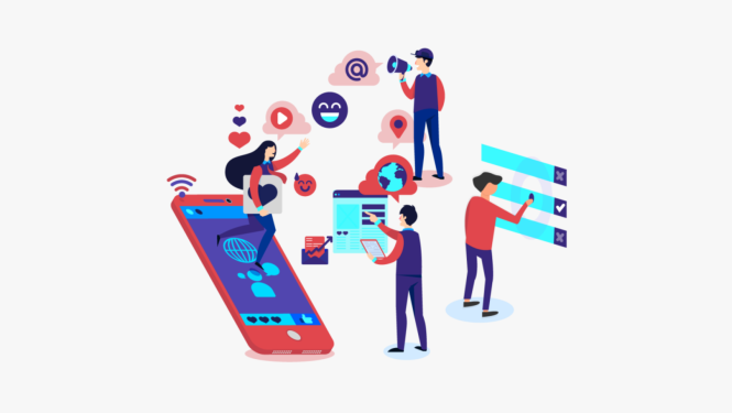 Stilizēts attēls ar cilvēciņiem, kas patērē saturu savās viedierīcēs