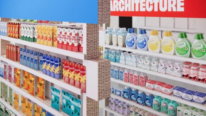 Stilizēts lielveikala plaukts ar produktiem