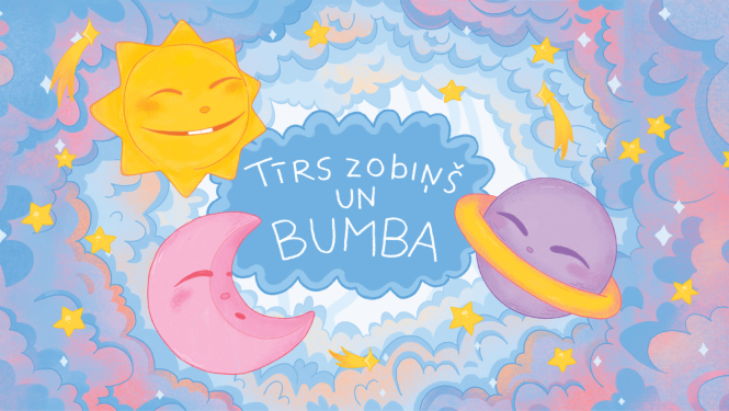 Attēls ar mēnesi, sauli, un planētu. Teksts: Tīrs zobiņš un bumba