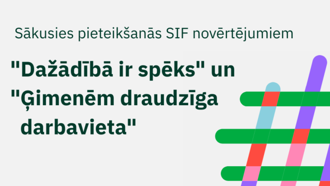 Teksts uz pelēka fona: sākusies pieteikšanās SIF novērtējumiem “Dažādībā ir spēks” un “Ģimenēm draudzīga darbavieta”