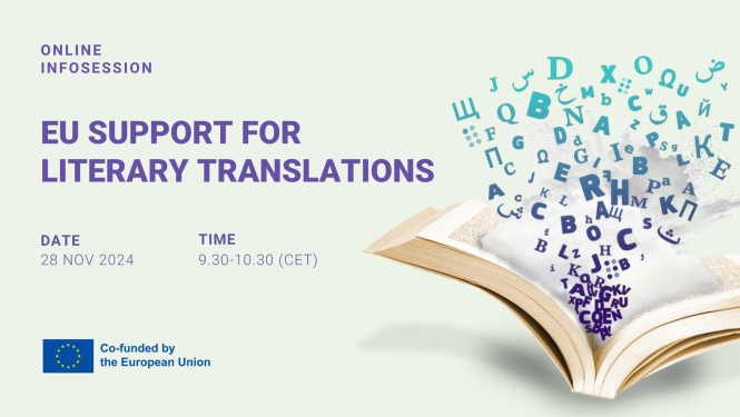 Radošās Eiropas vizuālais materiāls tiešsaistes informatīvajam pasākumam par uzsaukumu "Eiropas Literāro darbu aprite", kas attēlo pamattekstu - " pasākums ES atbalsts literāro darbu tulkošanai norisināsies 28. novembrī no plkst. 10.30 līdz 11.30", kā arī atvērto grāmatu 