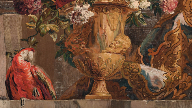 Fragments no gobelēna "Ziedu vāze un sarkanais papagailis". Žans Batists Monuajē. Vilna, zīds, starp 1830 un 1848. Mobilier national kolekcija.