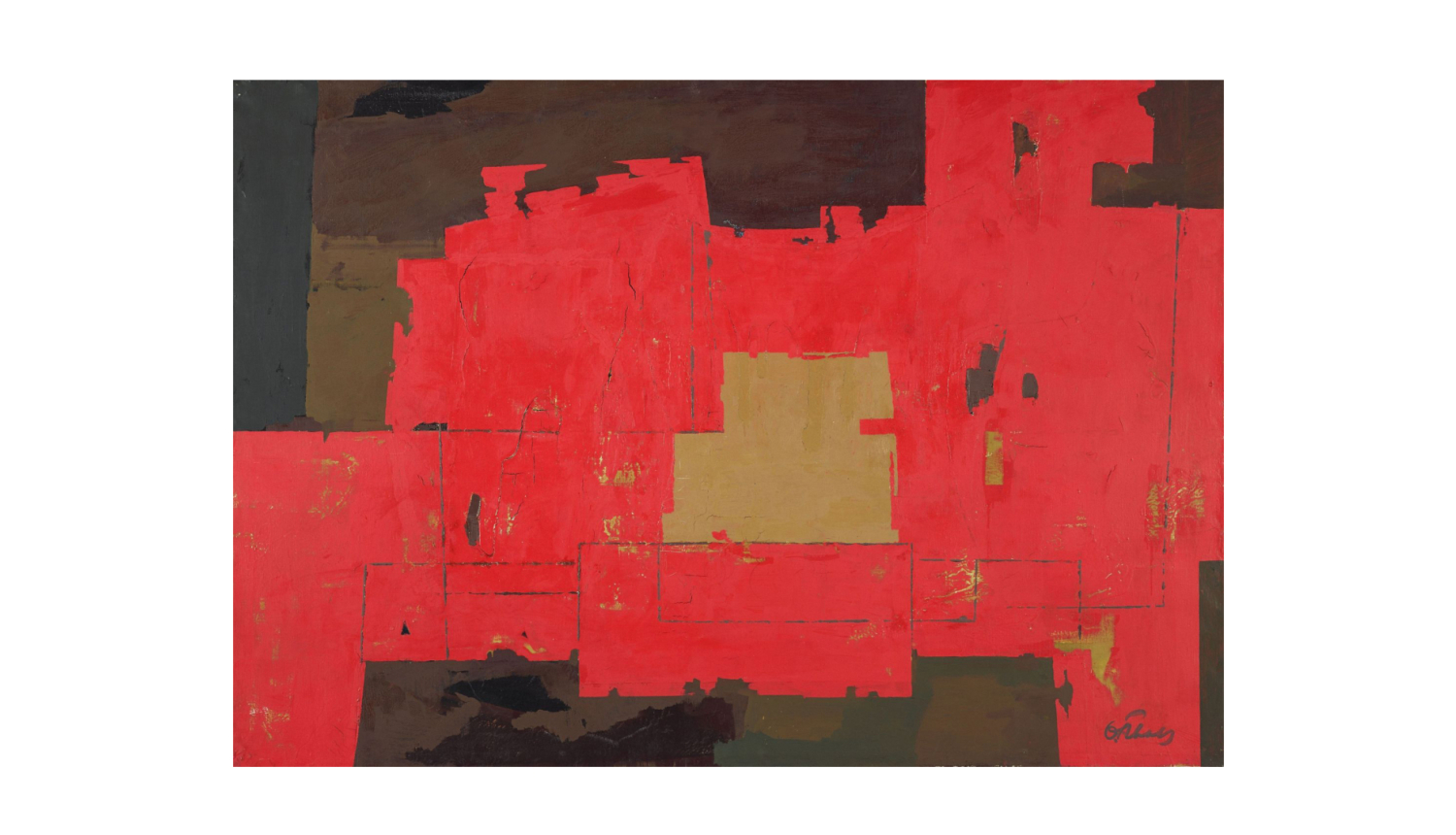 Ojāra Ābola glezna "Kompozīcija" (1982) - sarkanas, tumšas un dzeltenas krāsas laukumi