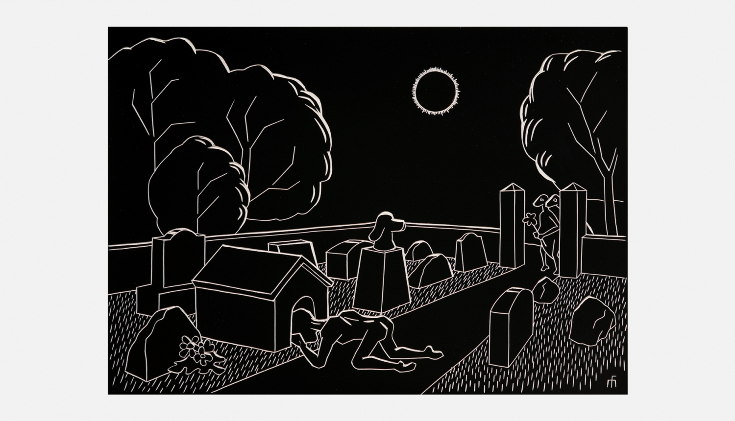Miķelis Fišers. Aklais humanoīds veic pašapglabāšanās mēģinājumu dzīvnieku kapsētā pilna saules aptumsuma laikā. Kokgrebums, 21 x 29 cm, 2024.