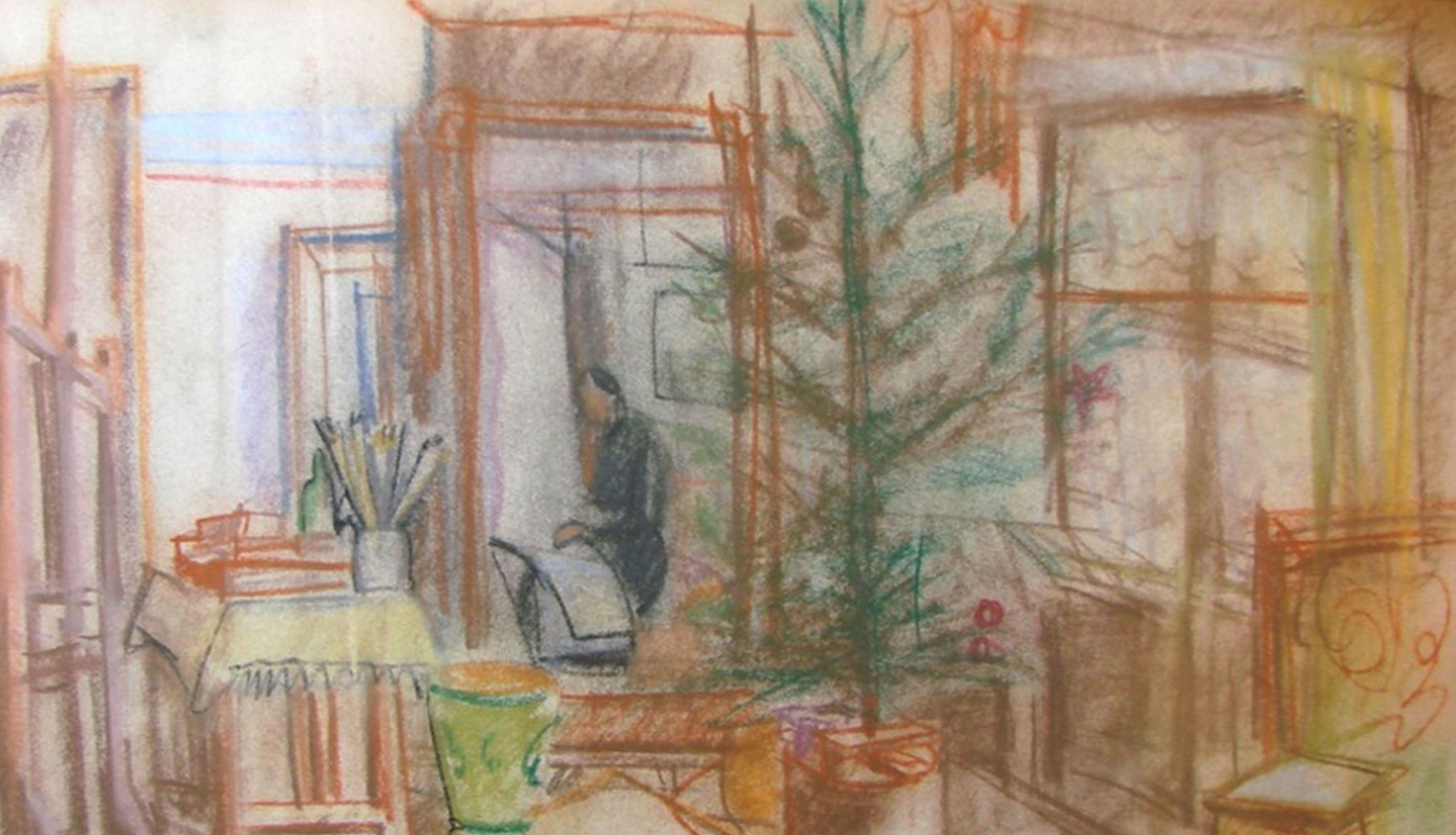 Aleksandras Beļcovas darbs "Mākslinieces darbnīcā", istaba ar ziemassvētku eglīti un mākslinieces tēlu darba procesā