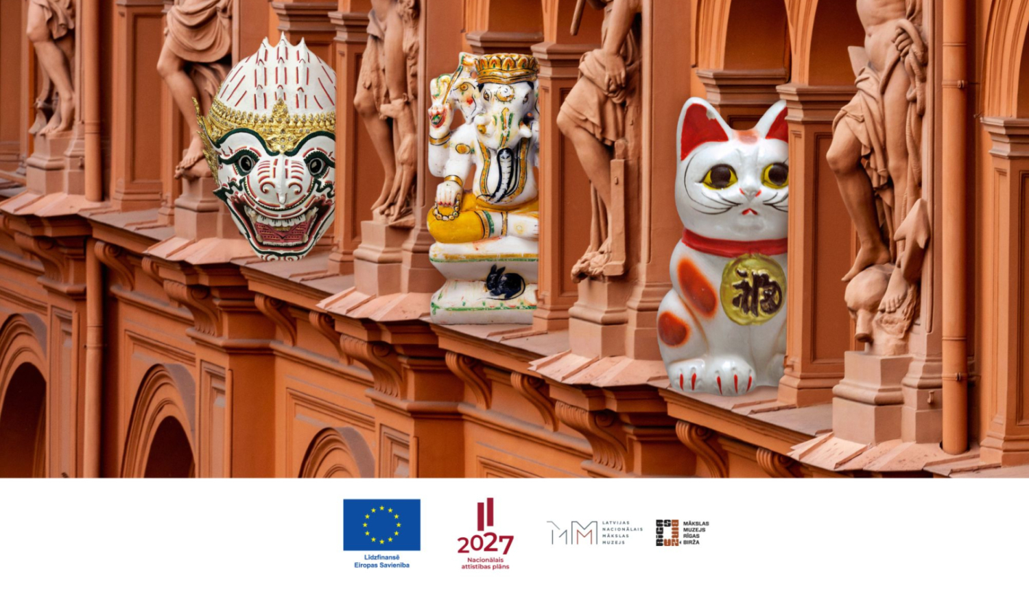 Mākslas muzeja RĪGAS BIRŽA fasāde kolāžā kopā ar Āzijas mākslas elementiem