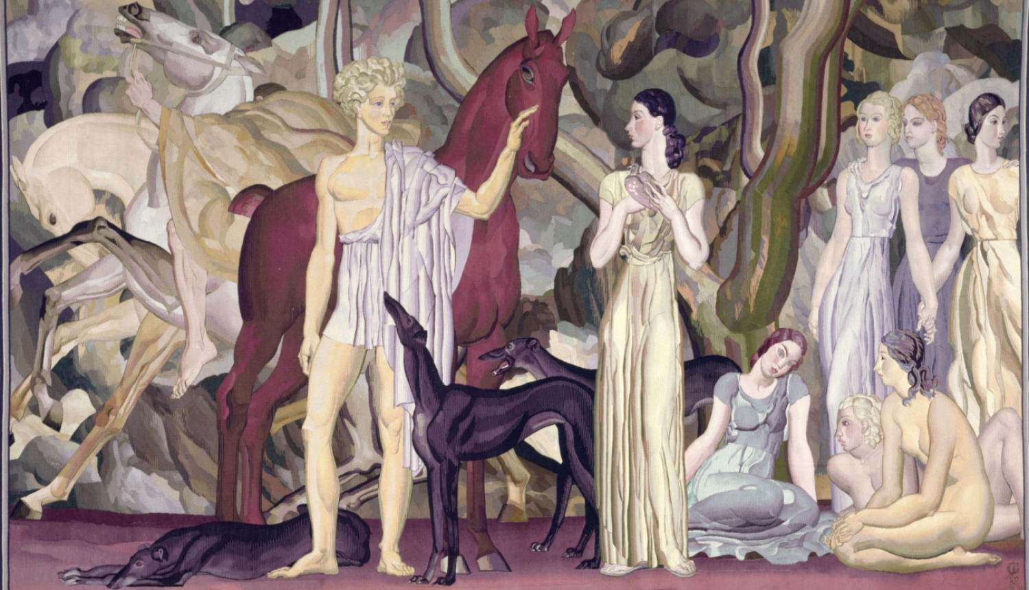 Gobelēna "Jātnieku izbraukšana" (autors Louis Billotey) digitāla reprodukcija, darbā redzami vīrieša un sieviešu tēli, abstrakti attēloti dzīvnieki - zirgi un suņi