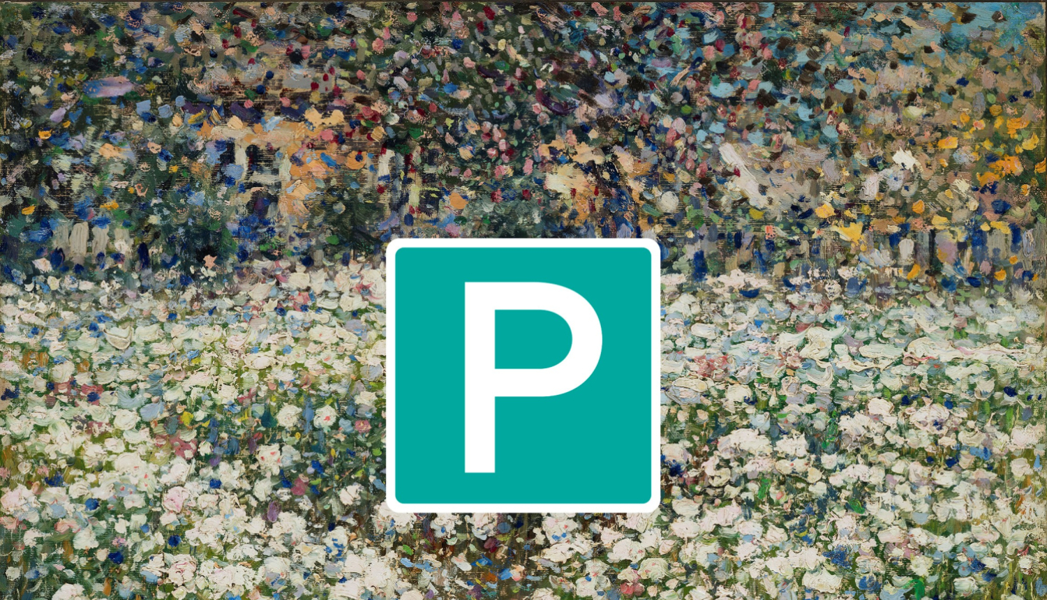 Purvīša balvas logo - "P" burts uz gleznas fona, kurā redzama ziedoša pļava.