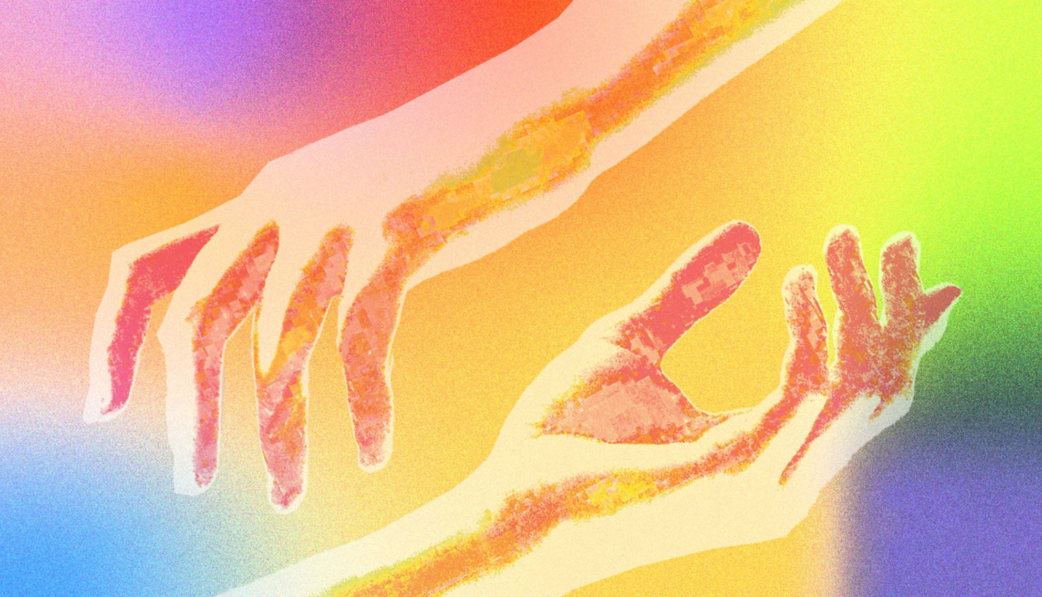 Izstādes vizuālā identitāte, uz krāsaina fona divaszīmētas rokas